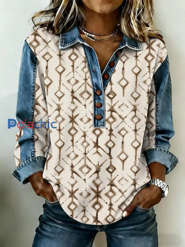 Vintage Western Pattern Patchwork Art Sweatshirt des femmes comme image / S