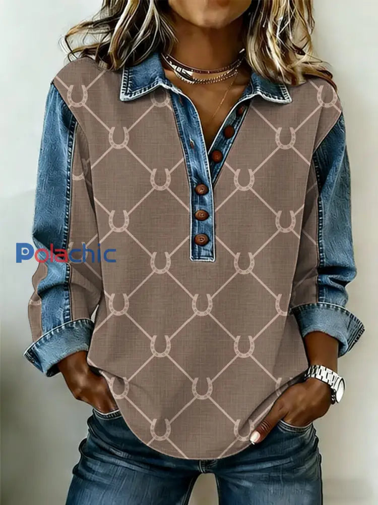 Vintage Western Pattern Patchwork Art Sweatshirt des femmes comme image / S