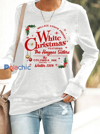Vintage White Christmas Print Casual Sweatshirt des femmes Blanc / S