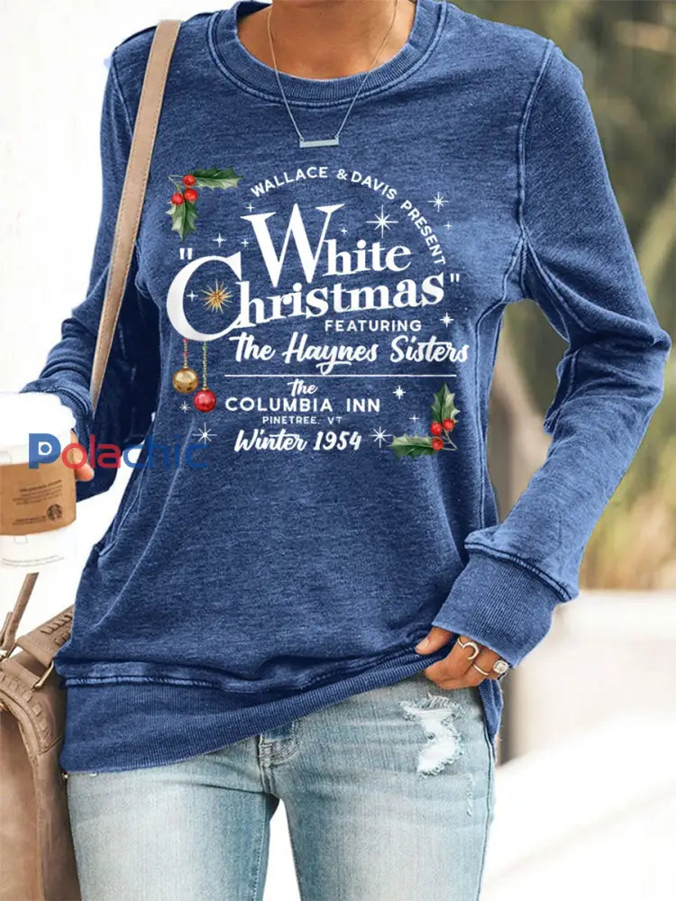Vintage White Christmas Print Casual Sweatshirt des femmes Bleu / S