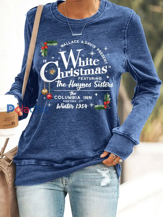 Vintage White Christmas Print Casual Sweatshirt des femmes Bleu / S