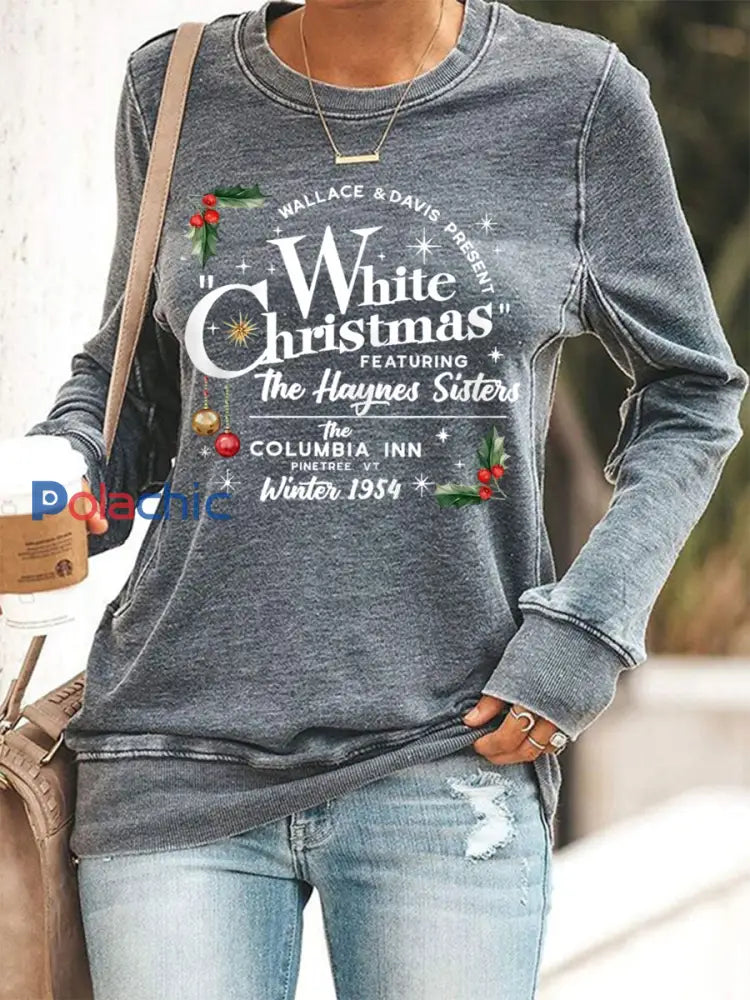 Vintage White Christmas Print Casual Sweatshirt des femmes Gris / S