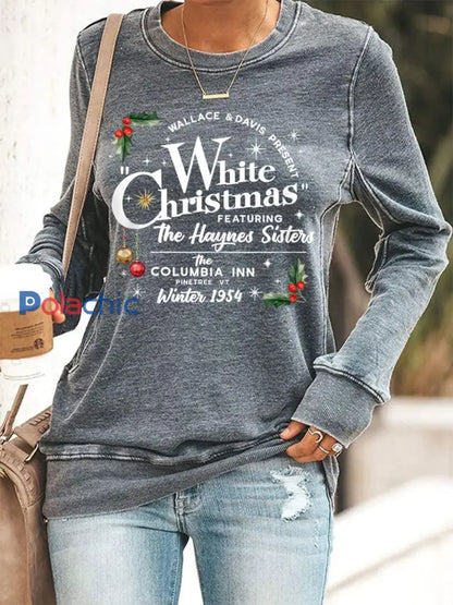 Vintage White Christmas Print Casual Sweatshirt des femmes Gris / S