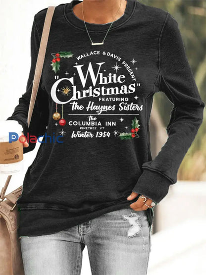 Vintage White Christmas Print Casual Sweatshirt des femmes Noir / S