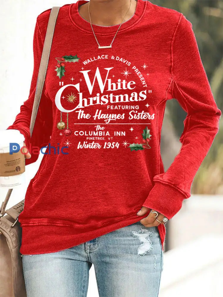 Vintage White Christmas Print Casual Sweatshirt des femmes Rouge / S