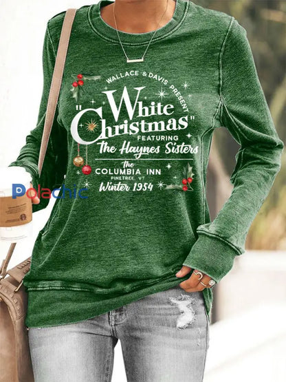Vintage White Christmas Print Casual Sweatshirt des femmes Vert / S