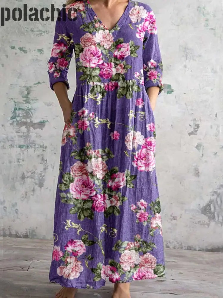 Violet Floral Art Print Chic Col En V À Manches Longues Élégant Midi Dress