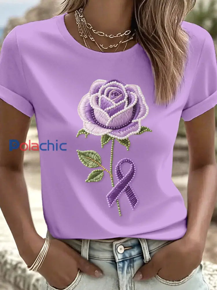 Violet Rose Motif perlé brodé T-Shirt des femmes Violet / S