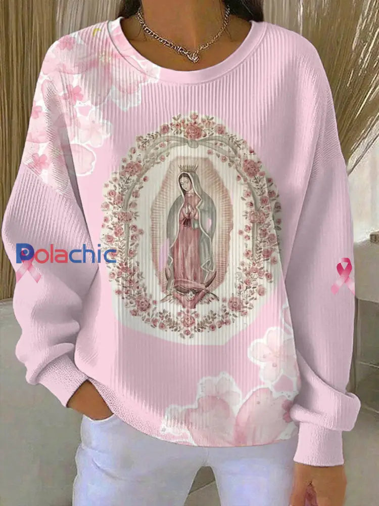 Virgin Mary femmes rose cancer du sein sensibilisation côtelé col rond Sweatshirt Rose / S