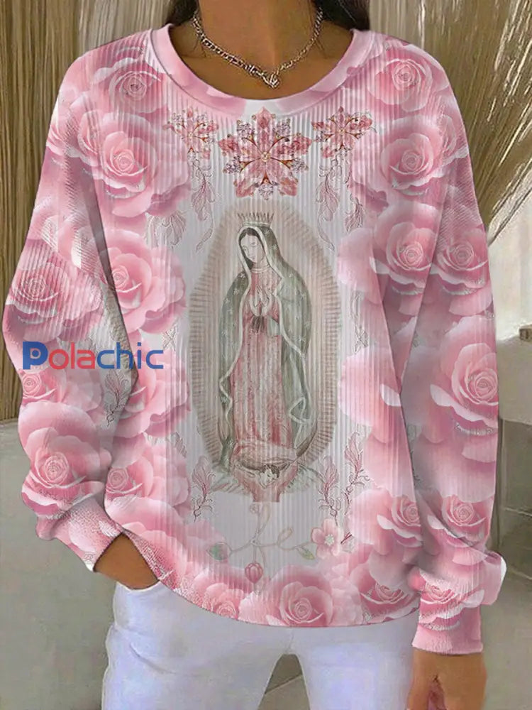 Virgin Mary femmes rose cancer du sein sensibilisation côtelé col rond Sweatshirt Rose / S