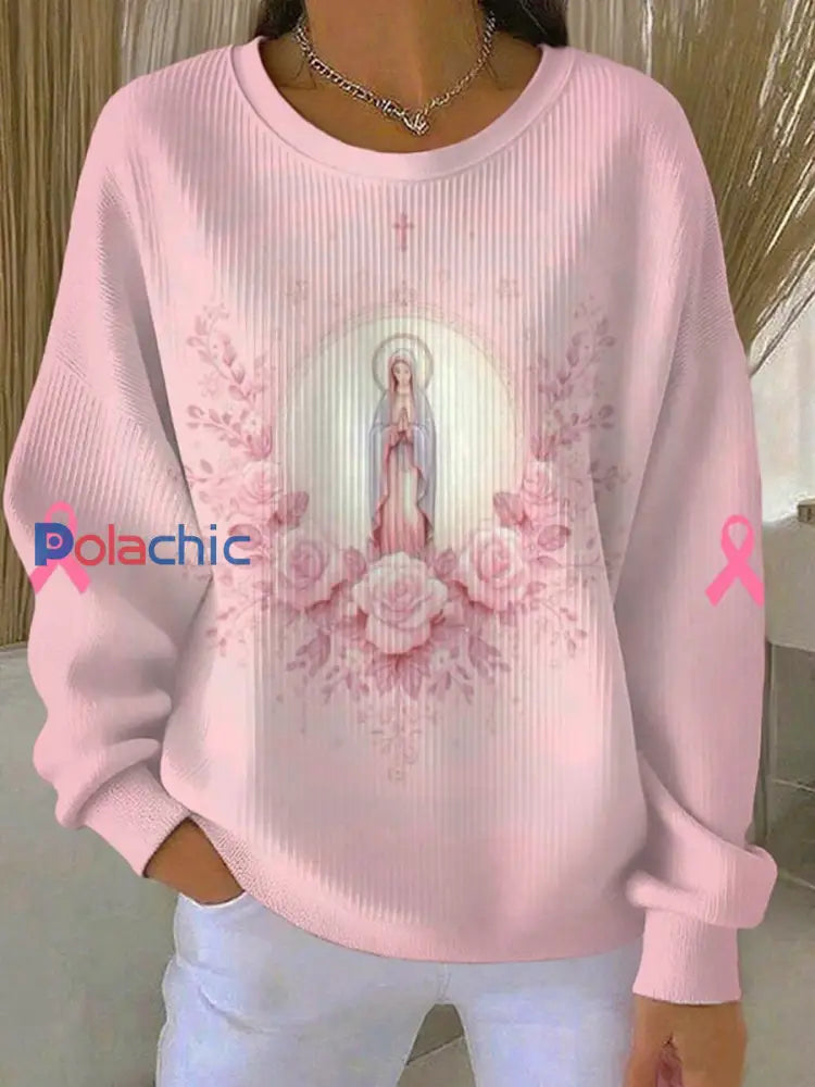 Virgin Mary femmes rose cancer du sein sensibilisation côtelé col rond Sweatshirt Rose / S