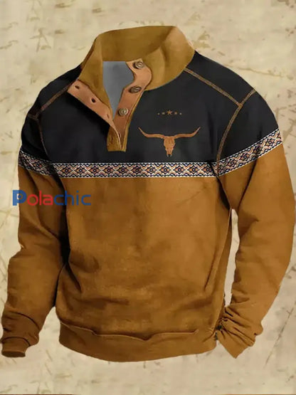West Cowboy Splicing Print Casual Loose Stand Collar Button Sweatshirt pour hommes