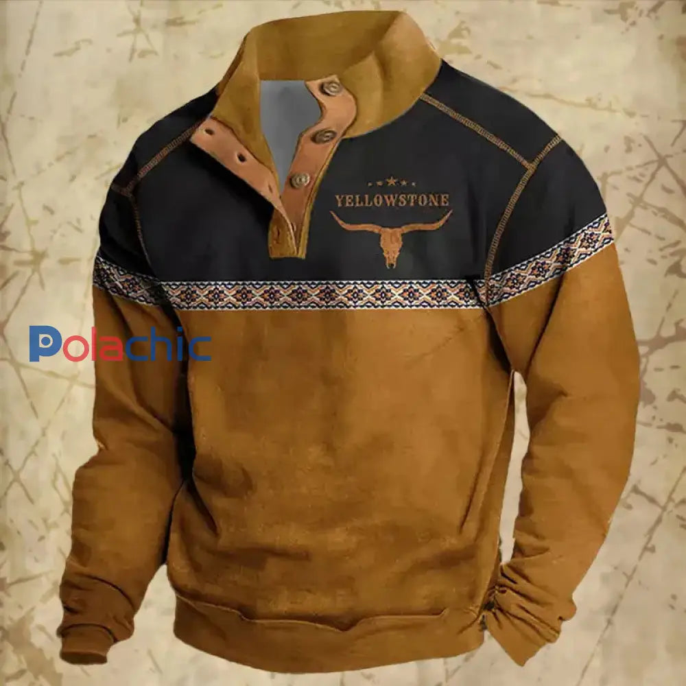 West Cowboy Splicing Print Casual Loose Stand Collar Button Sweatshirt pour hommes A / S