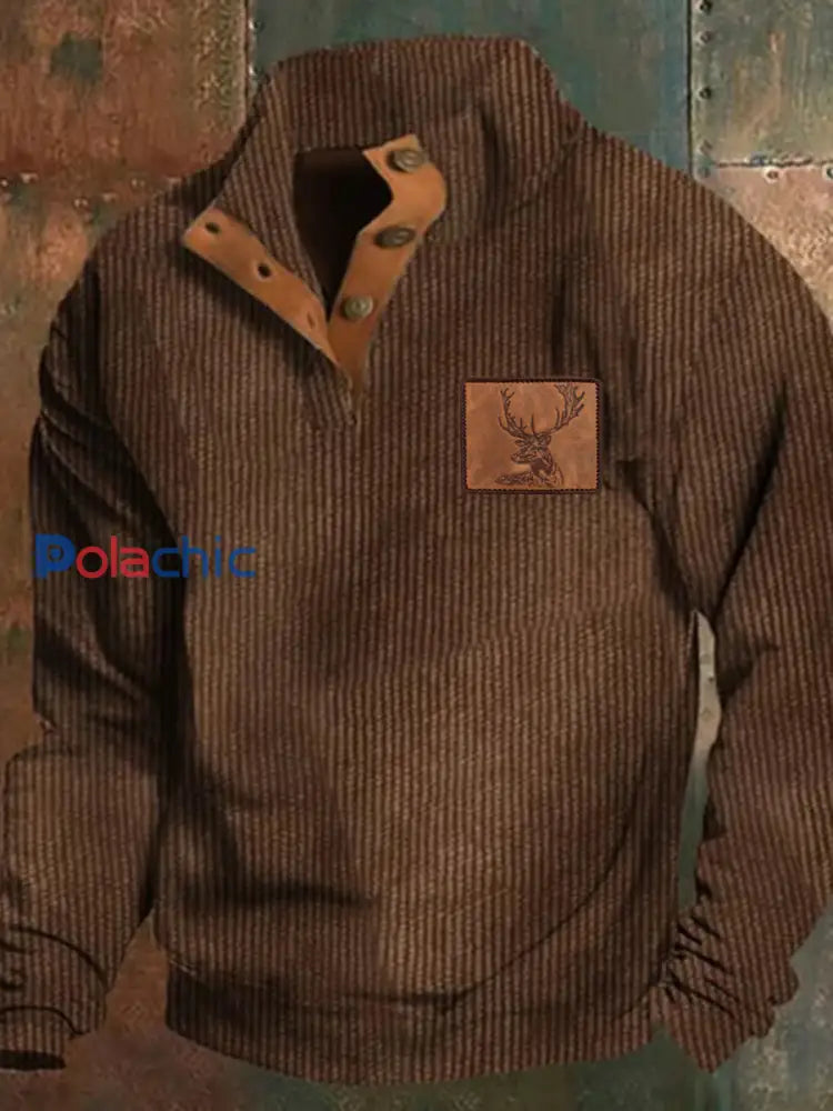 Western Hunting Enthusiast Jacquard côtelé col montant Button-Down Sweatshirt Homme comme image / S