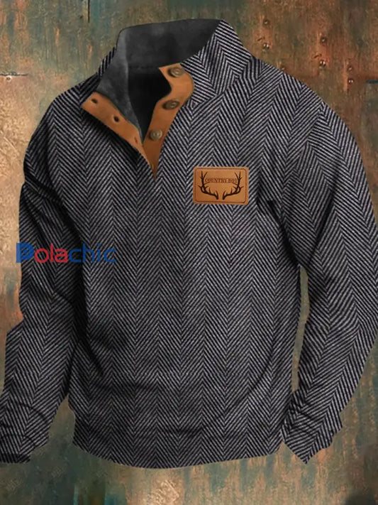 Western Hunting Passionné Jacquard Herringbone Design Stand Collar Bouton Sweatshirt Hommes comme image / S