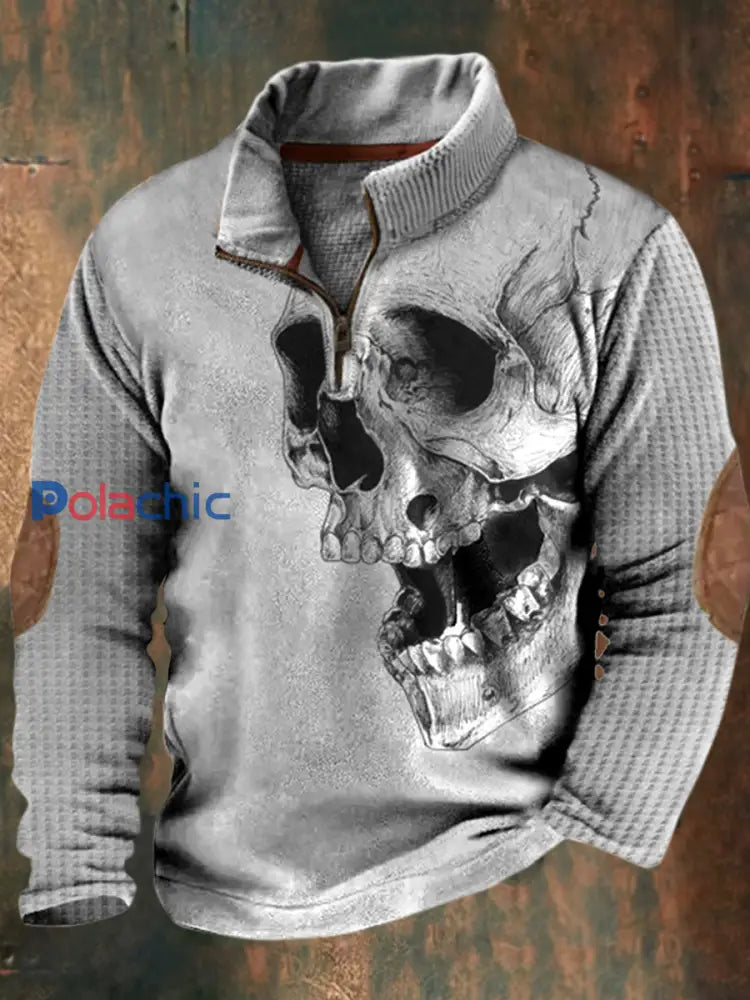 Western Punk classique impression Casual lâche col montant Zipper Waffle Sweatshirt hommes A / S