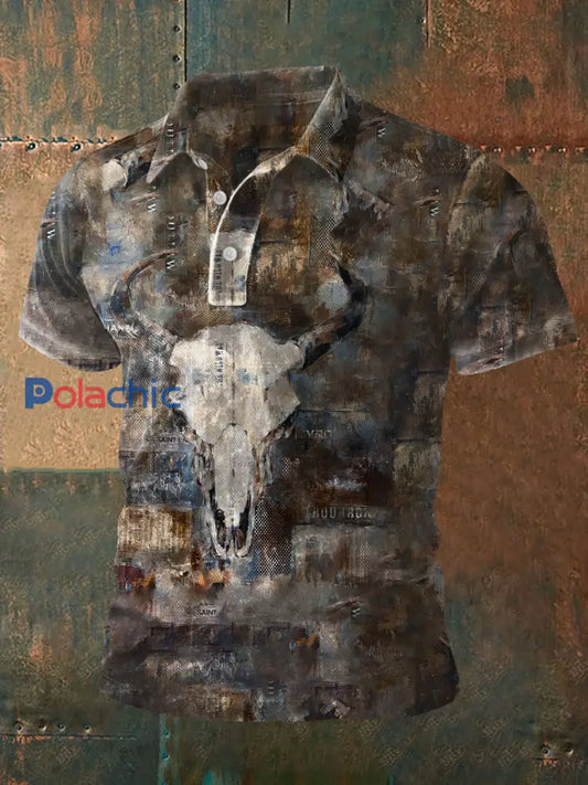 Western Retro Style Elk Skull Imprimé Casual Tops pour hommes comme image / S