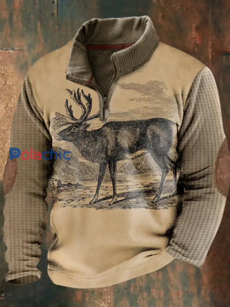 Western Vintage Elk Print Casual lâche col montant Zipper Waffle Sweatshirt des hommes