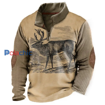 Western Vintage Elk Print Casual lâche col montant Zipper Waffle Sweatshirt des hommes A / S