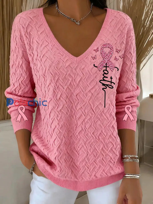 Women’Retro Breast Cancer Diamond Faith Print Pull à manches longues Rose / S