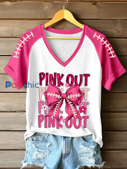 Women’s Breast Cancer Awareness Bow Imprimer V-Neck T-Shirt Rose / S
