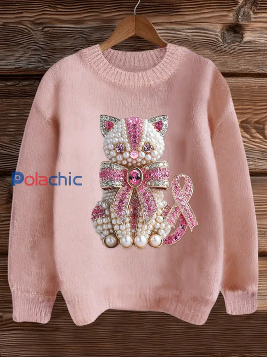 Women’s Breast Cancer Awareness Cat Imprimer Sweatshirt Rose / S