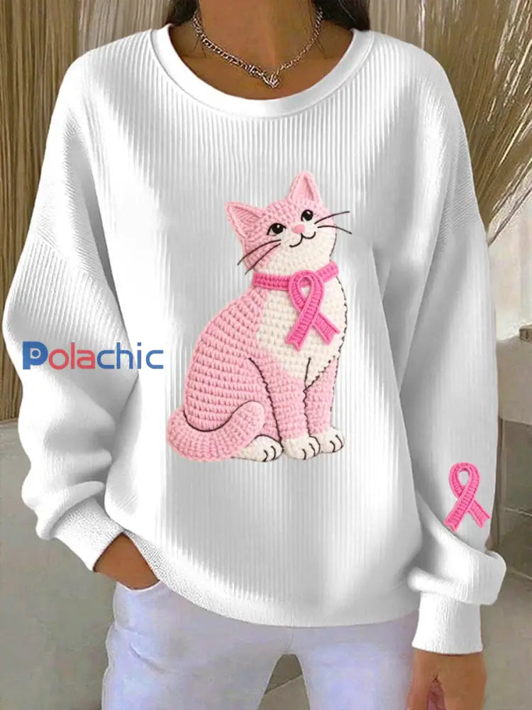 Women’s Breast Cancer Awareness Cat Motif Sweatshirt Blanc / S