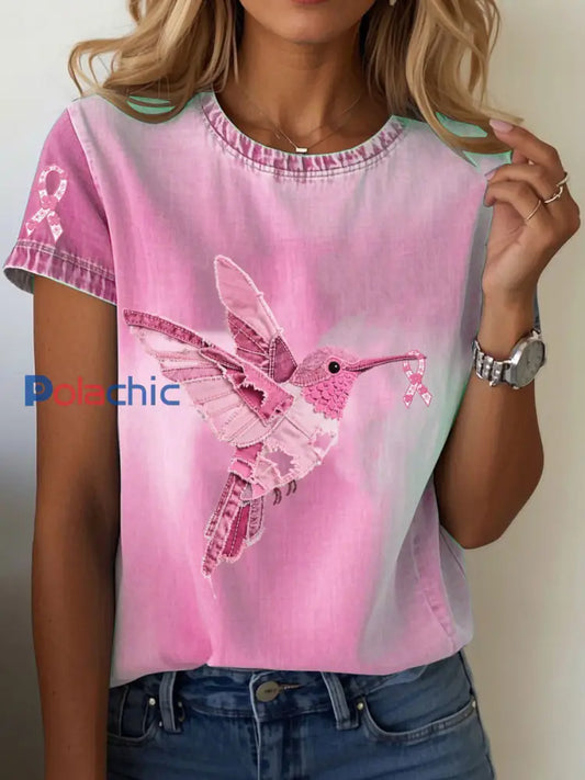 Women’s Breast Cancer Awareness Denim Hummingbird Imprimer T-Shirt Rose / S