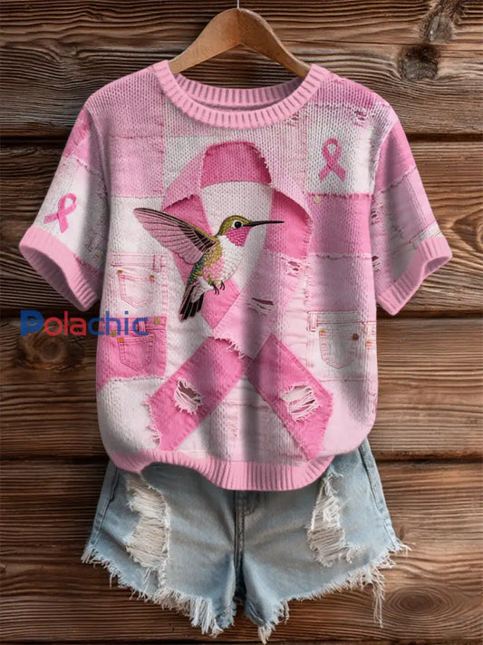 Women’s Breast Cancer Awareness Denim Hummingbird Imprimer T-Shirt Rose / S
