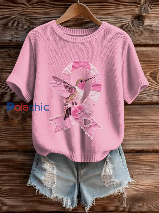 Women’s Breast Cancer Awareness Denim Hummingbird Imprimer T-Shirt Rose / S