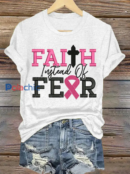 Women’s Breast Cancer Awareness Faith Plutôt que Fear T-shirt à manches courtes Blanc / S