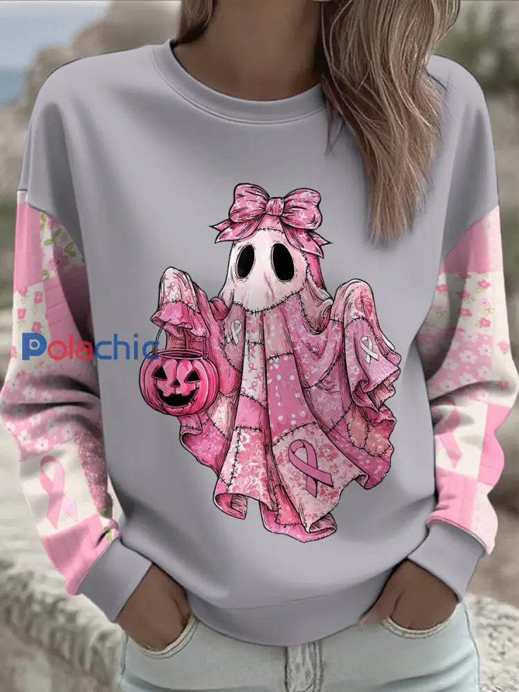 Women’s Breast Cancer Awareness Floral Imprimé Sweatshirt Gris clair / S