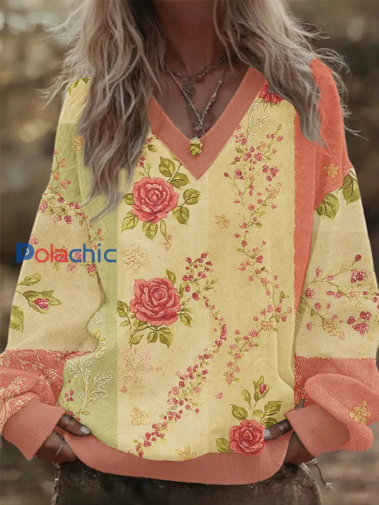 Women’s Breast Cancer Awareness Floral Patchwork V-Neck Sweatshirt Rose / S
