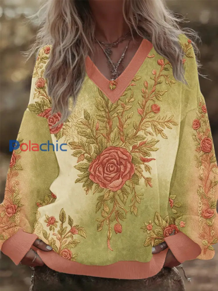 Women’s Breast Cancer Awareness Floral Patchwork V-Neck Sweatshirt Rose / S