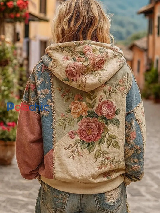 Women’s Breast Cancer Awareness Floral Patchwork Zip-Up Hoodie Rose / S