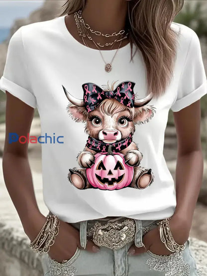 Women’s Breast Cancer Awareness Highland Cow Imprimer T-shirt décontracté Blanc / S
