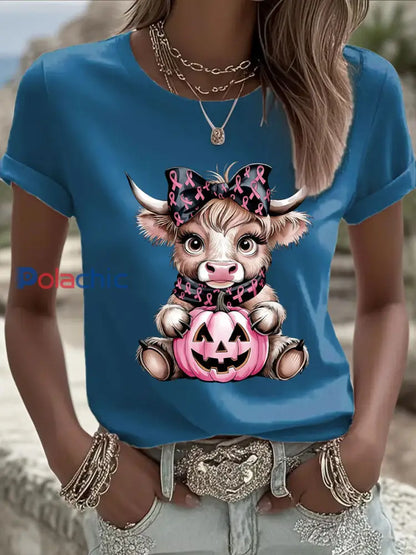 Women’s Breast Cancer Awareness Highland Cow Imprimer T-shirt décontracté Bleu / S