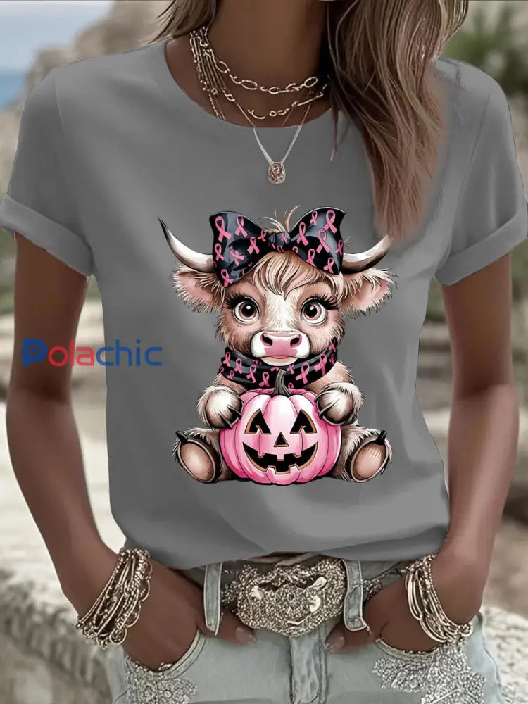 Women’s Breast Cancer Awareness Highland Cow Imprimer T-shirt décontracté Gris / S