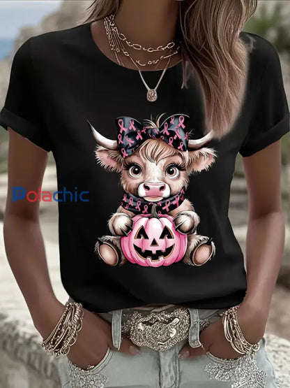 Women’s Breast Cancer Awareness Highland Cow Imprimer T-shirt décontracté Noir / S