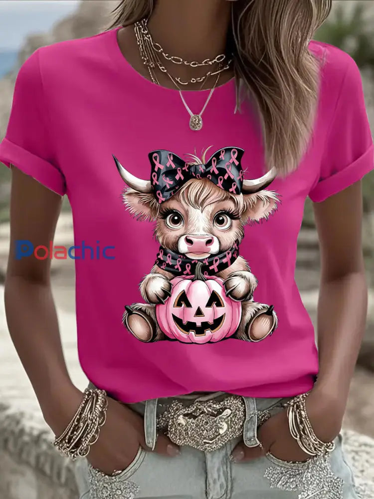Women’s Breast Cancer Awareness Highland Cow Imprimer T-shirt décontracté Rose Rouge / S