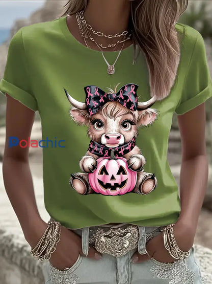 Women’s Breast Cancer Awareness Highland Cow Imprimer T-shirt décontracté Vert / S