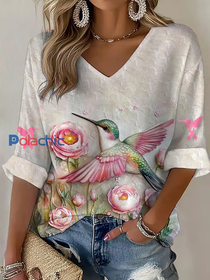 Women’s Breast Cancer Awareness Pink Colibri V Neck Waffle Top Blanc Crémeux / S