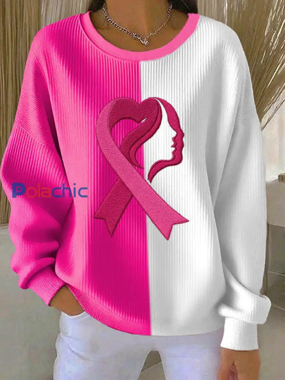 Women’s Breast Cancer Awareness Print Sweatshirt côtelé col rond Blanc / S