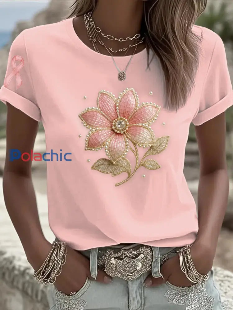 Women’s Breast Cancer Awareness Rose Floral Art T-shirt à manches courtes Rose / S