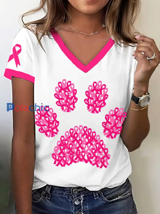 Women’s Breast Cancer Awareness T-shirt imprimé de patte de ruban rose Blanc / S