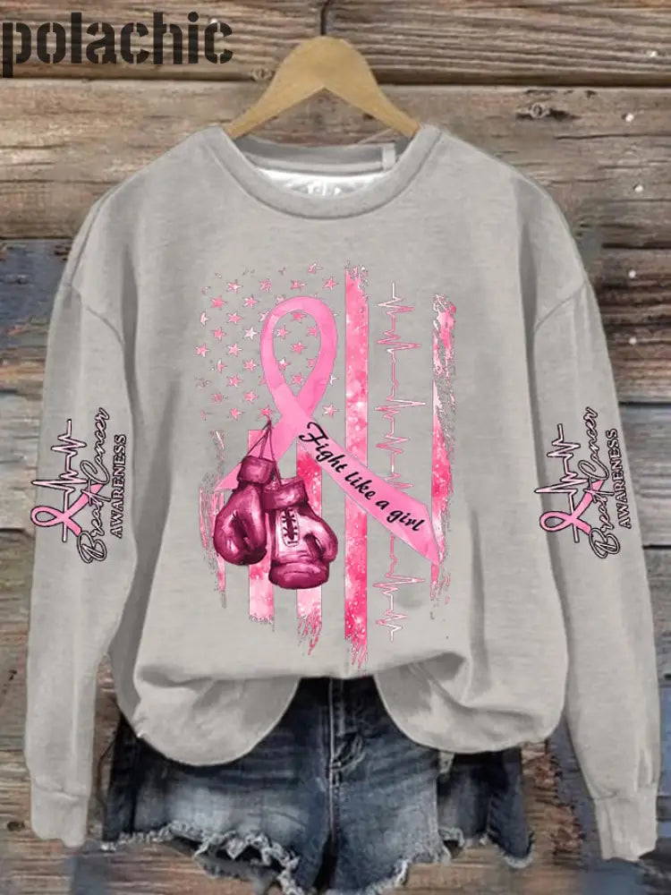 Women’s Casual Breast Cancer Awareness Print Long Sleeve Sweatshirt Apricot / S Bestseller