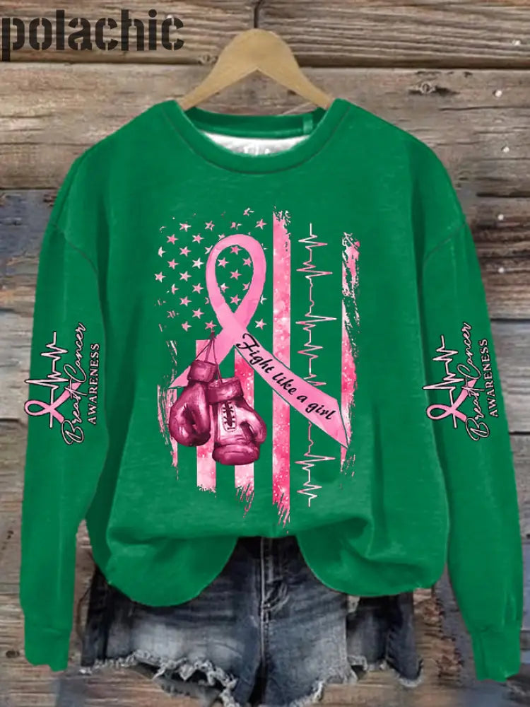 Women’s Casual Breast Cancer Awareness Print Long Sleeve Sweatshirt Green / S Bestseller