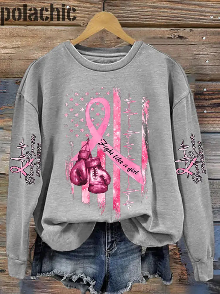 Women’s Casual Breast Cancer Awareness Print Long Sleeve Sweatshirt Light Grey / S Bestseller