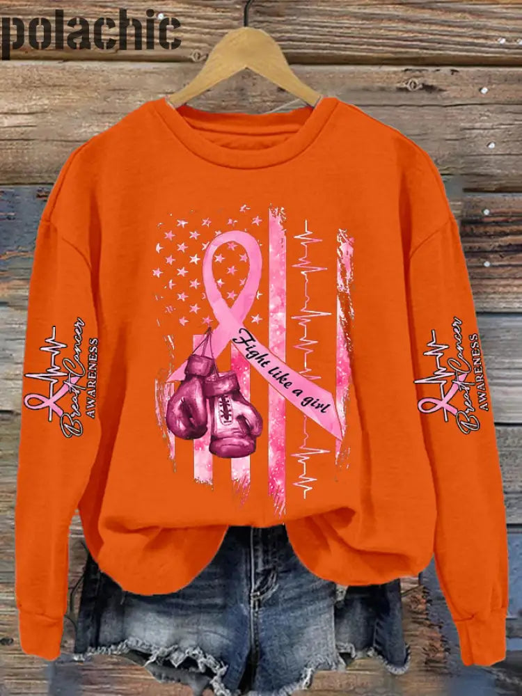 Women’s Casual Breast Cancer Awareness Print Long Sleeve Sweatshirt Orange / S Bestseller