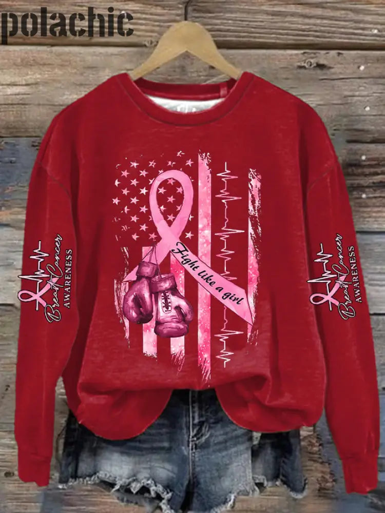 Women’s Casual Breast Cancer Awareness Print Long Sleeve Sweatshirt Red / S Bestseller